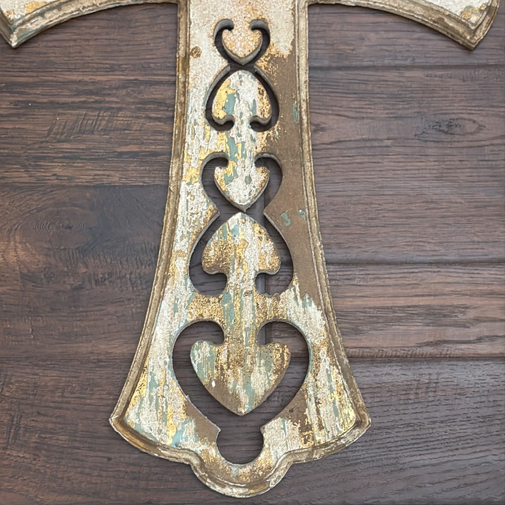 Rustic Wooden Cross with hints of cream, brown, gold and turquoise - Picture 3 of 8